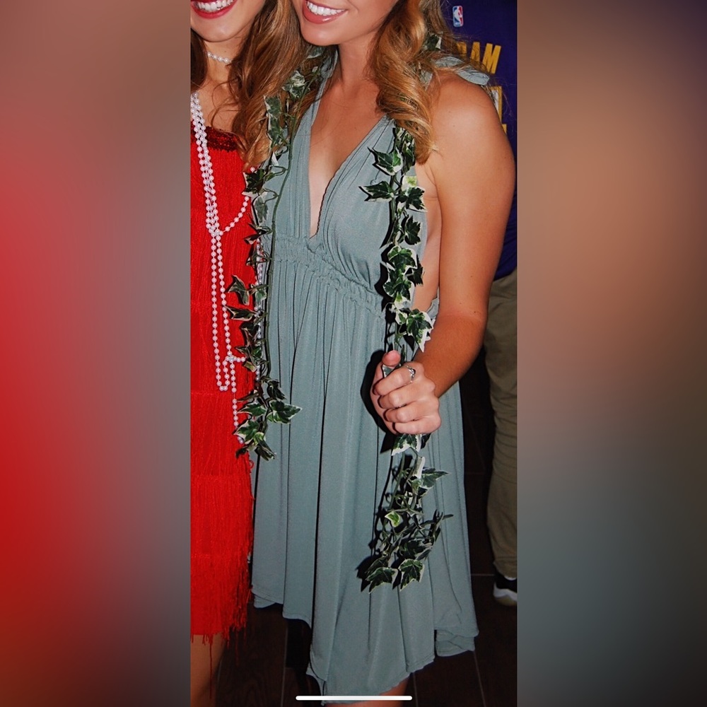 Olive Green V Neck Flowy Bow detail Dress